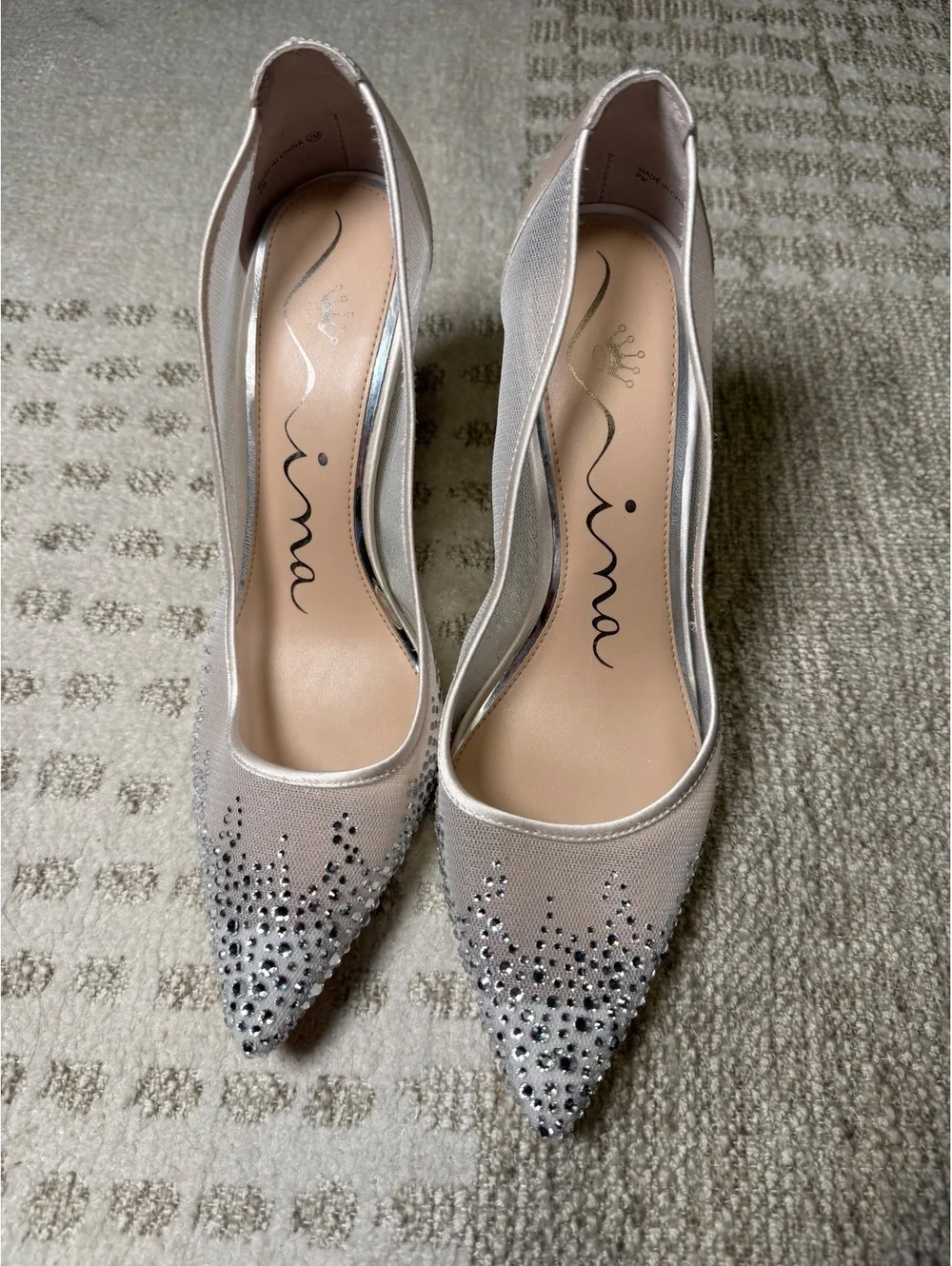 Nina Satin and Mesh Embellished Pointed Toe Heels